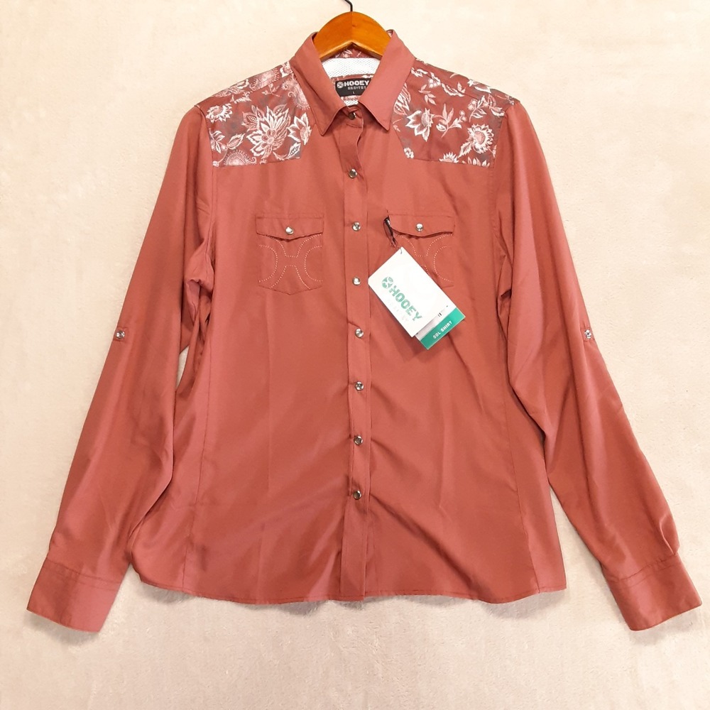 Hooey Womens SOL LS Pearl Snap Button Shirt Large Marsala Floral Roll Tab Sleeve